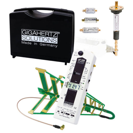 le kit de mesure professionnel d'hyperfréquences GIGAHERTZ SOLUTIONS HFE59B permet les mesures de champs électromagnétiques professionnelles sur la bande de fréquences de 27 MHz à 3.3 GHz grâce à ses 2 antennes, filtres, atténuateurs et pré-amplificateur