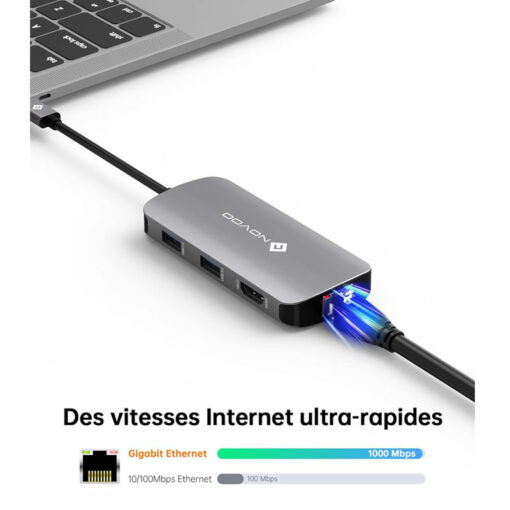 Hub USB type C multifonction 7 en 1 pour ordinateur portable (macbook, ultrabook, notebook, zenbook, chromebook, xps, galaxy, ipad,,...) équipé de 3 ports USB A 3.0, 1 port USB A 2.0, un port HDMI, 1 port RJ45. Permet un débit ethernet (donc sans WIFI) jusqu'à 1000 Mbps