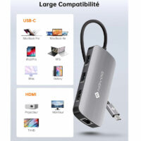 Hub USB type C multifonction 7 en 1 pour ordinateur portable (macbook, ultrabook, notebook, zenbook, chromebook, xps, galaxy, ipad,,...) équipé de 3 ports USB A 3.0, 1 port USB A 2.0, un port HDMI, 1 port RJ45. Compatible WINDOWS, MAC OS, ANDROID et LINUX