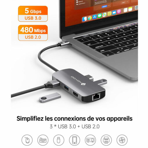 Hub USB type C multifonction 7 en 1 pour ordinateur portable (macbook, ultrabook, notebook, zenbook, chromebook, xps, galaxy, ipad,,...) équipé de 3 ports USB A 3.0, 1 port USB A 2.0, un port HDMI, 1 port RJ45. Permet un débit jusqu'à 5 Gbps en USB 3.0