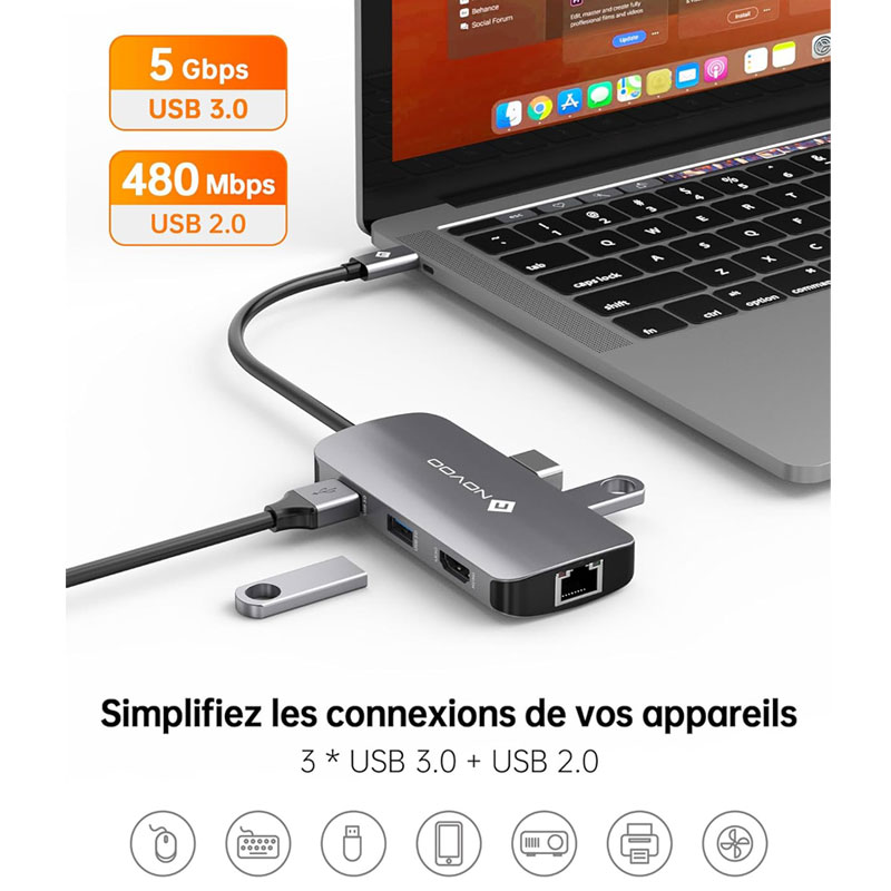 USB 2.0 RJ45 LAN + Hub USB (2 dans 1) Adaptateur pour PC