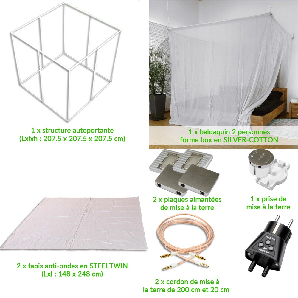 kit anti-ondes complet et nomade comprenant un baldaquin 2 places type box/cabine en tissu anti-ondes Yshield SILVERCOTTON (ref : BCD), une structure autoportante, un tapis anti-ondes en STEEL-TWIN et l'ensemble des accessoires de mise à la terre.