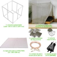 kit anti-ondes complet et nomade comprenant un baldaquin 2 places type box/cabine en tissu anti-ondes Yshield SILVERTULLE (ref : BTD), une structure autoportante, un tapis anti-ondes en STEEL-TWIN et l'ensemble des accessoires de mise à la terre.