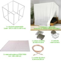 kit anti-ondes complet et nomade comprenant un baldaquin 2 places type box/cabine en tissu anti-ondes Swiss Shield NATURELL (ref : BND), une structure autoportante, un tapis anti-ondes en STEEL-TWIN et l'ensemble des accessoires de mise à la terre.