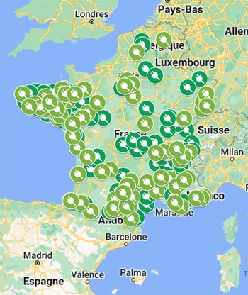 Carte de nos partenaires électriciens biotique, également appelés bioélectriciens, spécialisée dans la réalisation d'installations électriques biocompatibles.