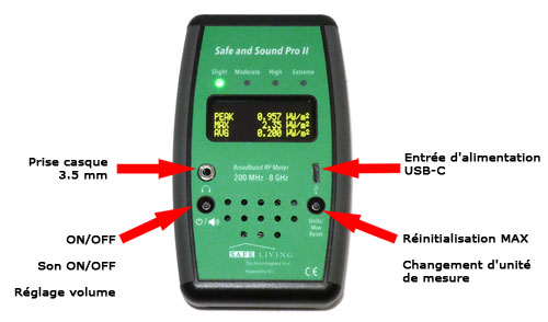 Détecteur, mesureur et analyseur d'ondes électromagnétiques radiofréquences SAFE AND SOUND PRO II de la marque SAFE AND LIVING TECHNOLOGIE permettant de connaitre avec précision votre niveau d'exposition aux rayonnements et l'électromagnétisme émis par la 5G, 4G, 3G, 2G, les réseaux et appareils fonctionnant en WIFI, les objets connectés en Bluetooth, les téléphones sans fils DECT, les smartphones, les tablettes et tout autre appareil fonctionnant avec une technologie sans fil
