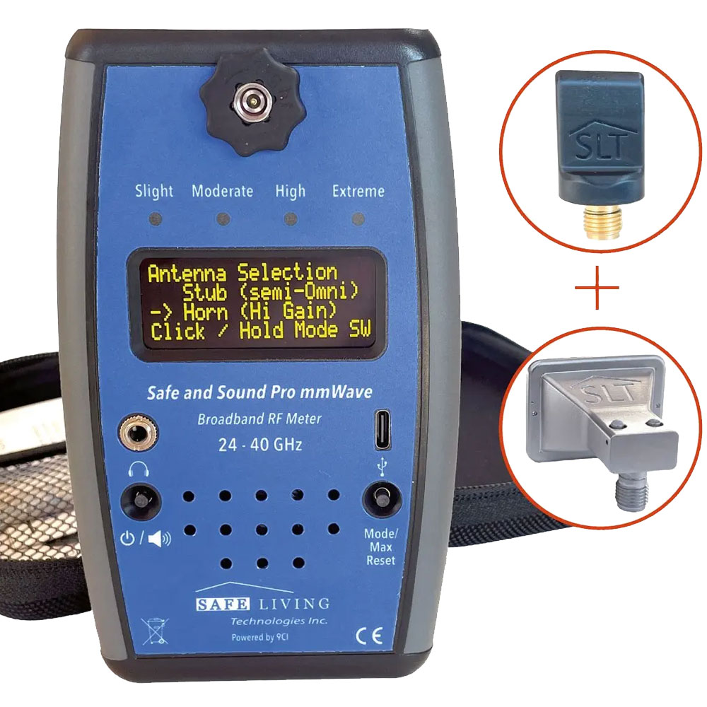 Le SAFE DANS SOUND mmWAVE de chez SAFE LIVING TECHNOLOGIE est un appareil de mesure, détecteur et analyseur d'ondes électromagnétiques radiofréquences et ondes millimétriques émises par la téléphonie 5G 'antenne relais, smartphone et autre objet fonctionnant en 5G) sur la bande de fréquences allant de 20 à 40 GHz.