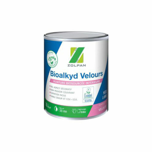 Peinture Bioalkyd VELOURS de chez Zolpan. Une impression biosourcée à 97% à faible teneur en COV, certifiée Ecolabel et classée A+. Idéal pour les personnes pour les personnes chimicosensibles et une application après une peinture anti-ondes ou un papier peint anti-ondes.