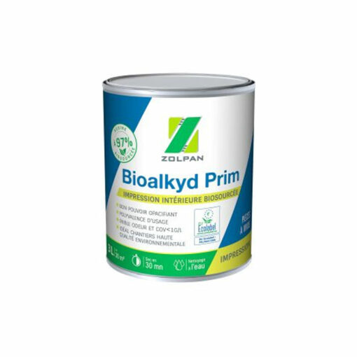 Peinture primaire, sous-couche, impression Bioalkyd Prim de chez Zolpan. Une impression biosourcée à 97% à faible teneur en COV, certifiée Ecolabel et classée A+. Idéal pour les personnes pour les personnes chimicosensibles.