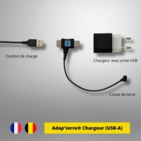 Adap'terre USB-A – Détail composants (cordon, chargeur, cosse) – Adaptateur de mise à la terre ADAP'TERRE USB