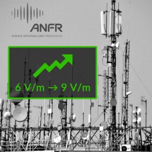 Hausse du seuil des points atypiques de 6 à 9 V/m proposée par l’ANFR en 2025 – illustration d’une antenne-relais et d’un habitat exposé aux ondes électromagnétiques.