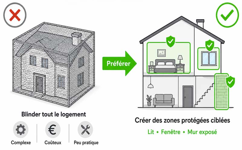 Illustration comparant une cage de Faraday maison complète avec une approche plus réaliste par zones protégées ciblées : lit, fenêtre et mur exposé.