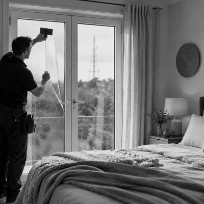 Technicien appliquant un film anti-ondes sur une porte-fenêtre à deux vantaux dans une chambre, avec un mât d’antennes visible en arrière-plan.