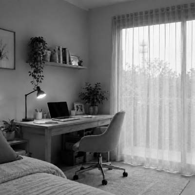 Espace de télétravail cocooning avec voilage anti-ondes fermé sur une fenêtre panoramique coulissante, avec un mât d’antennes relais visible en arrière-plan et la page d’accueil d’Electromagnetique.com affichée sur l’ordinateur.